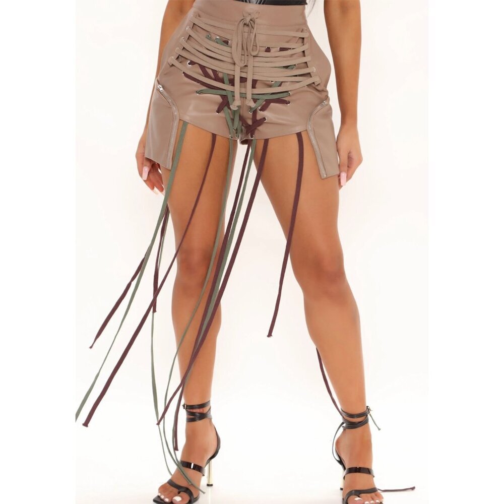 Fashion Nova ✦ No Strings Attached Vegan Leather Shorts ✦ Taupe Lace-Up M